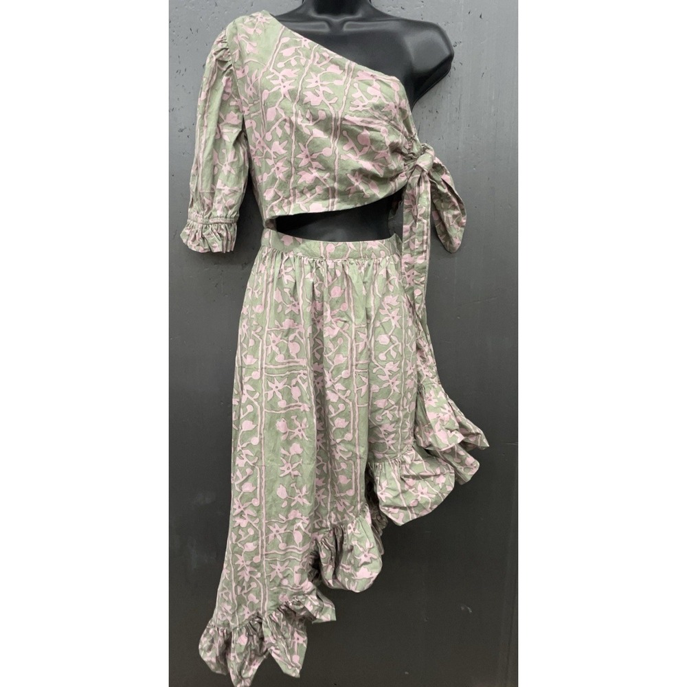Cleobella Dress M Green Pink Organic Cotton Asymmetric Off Shoulder‎ Ruffle Boho